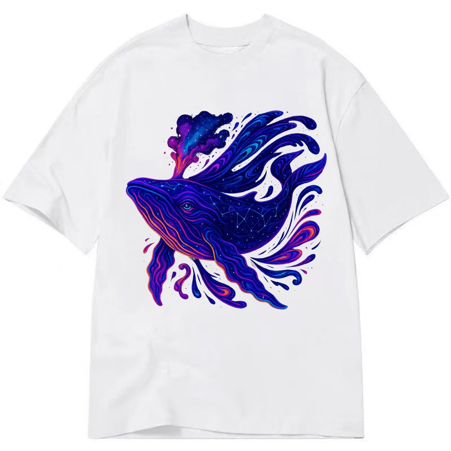 Majestic whale with body composed of galaxy clusters, stellar fins flowing like - Classic T-shirt - White