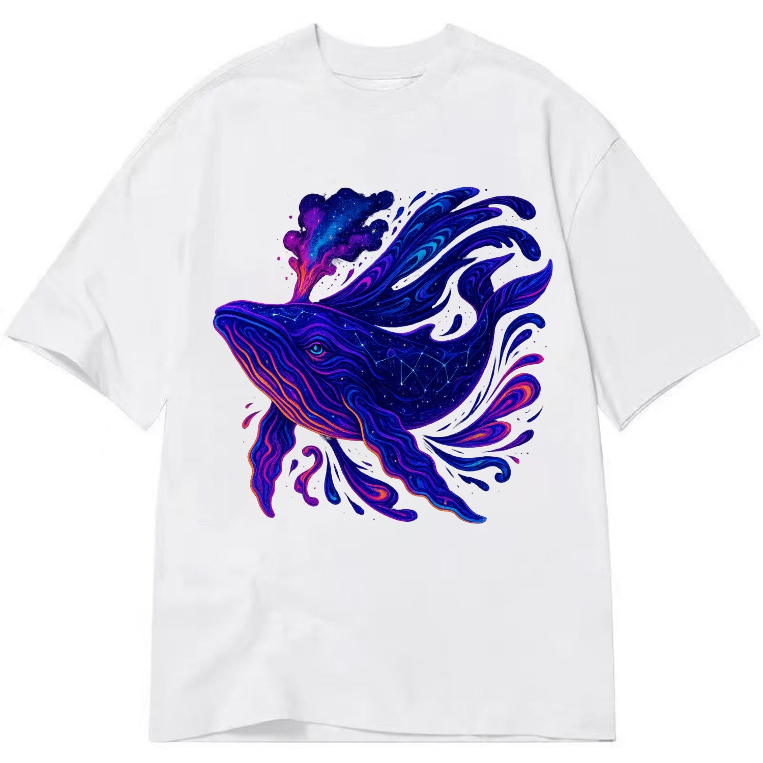 Majestic whale with body composed of galaxy clusters, stellar fins flowing like - Classic T-shirt - White