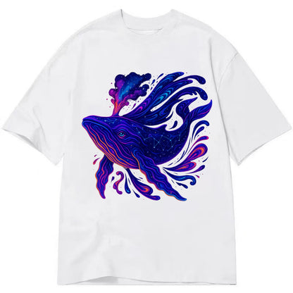 Majestic whale with body composed of galaxy clusters, stellar fins flowing like - Classic T-shirt - White