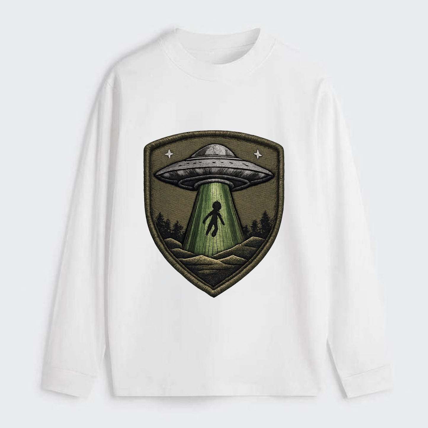 UFO ALIEN - flying saucer with beam in silver and green , - Classic Long Sleeve Shirt - White