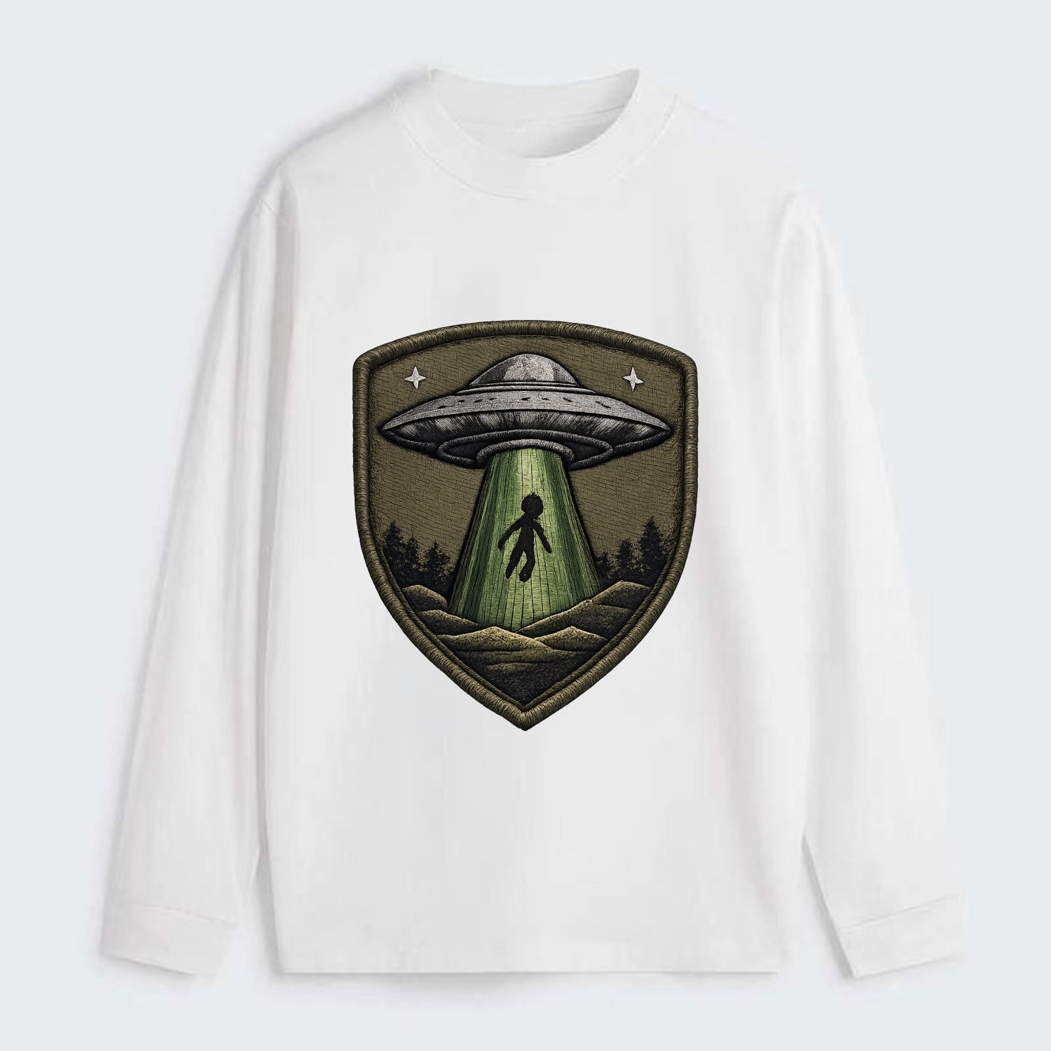UFO ALIEN - flying saucer with beam in silver and green , - Classic Long Sleeve Shirt - White