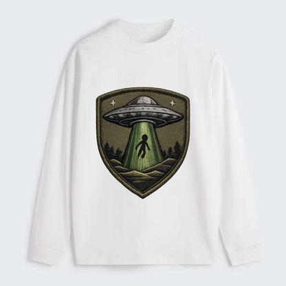 UFO ALIEN - flying saucer with beam in silver and green , - Classic Long Sleeve Shirt - White
