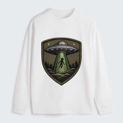 UFO ALIEN - flying saucer with beam in silver and green , - Classic Long Sleeve Shirt