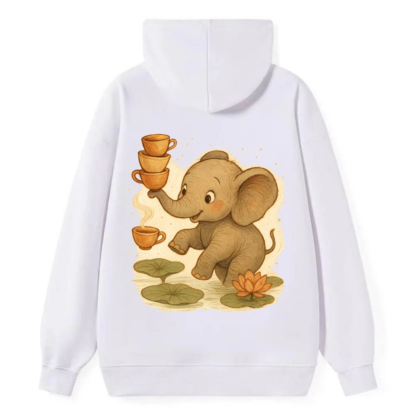Elephant balancing teacups during a floating tea ceremony beside lotus - Classic Pullover Hoodie - White