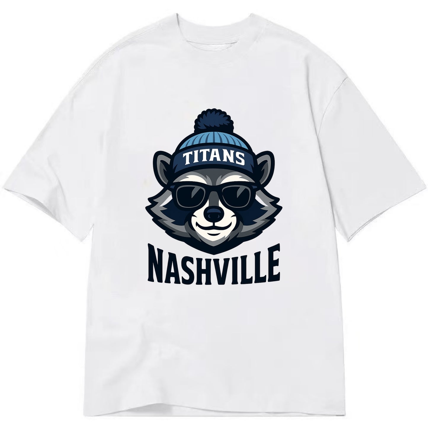 Nashville Raccoon wearing Titans navy and light blue beanie with pom pom and - Classic T-shirt - White