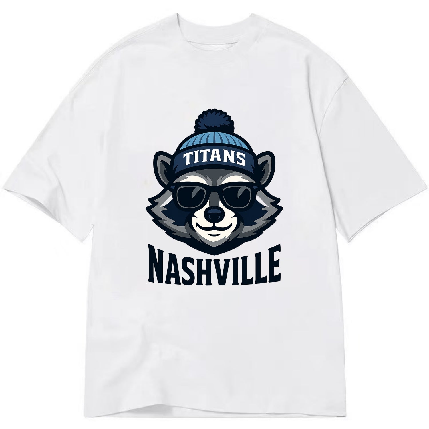 Nashville Raccoon wearing Titans navy and light blue beanie with pom pom and - Classic T-shirt - White