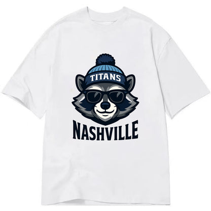 Nashville Raccoon wearing Titans navy and light blue beanie with pom pom and - Classic T-shirt - White