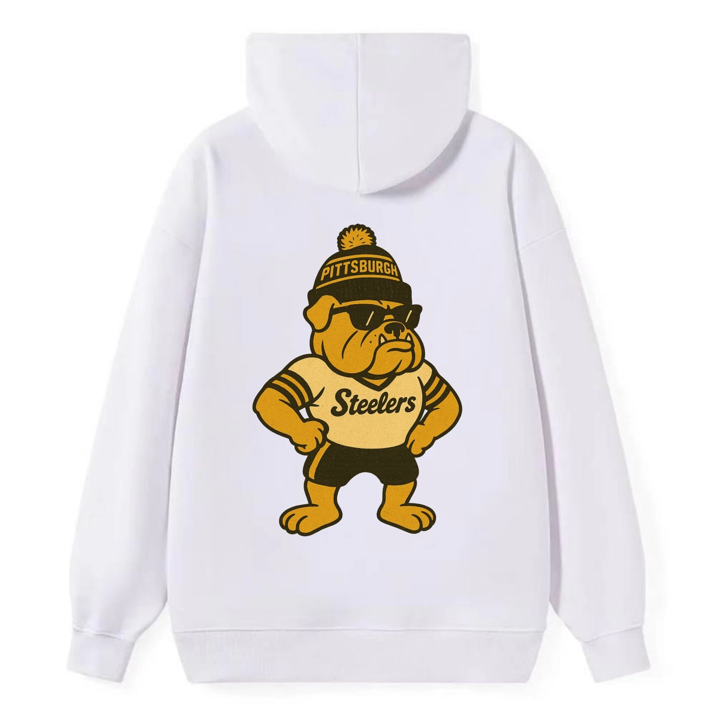 Pittsburgh Bulldog wearing Steelers black and gold beanie with pom pom - Classic Pullover Hoodie - White
