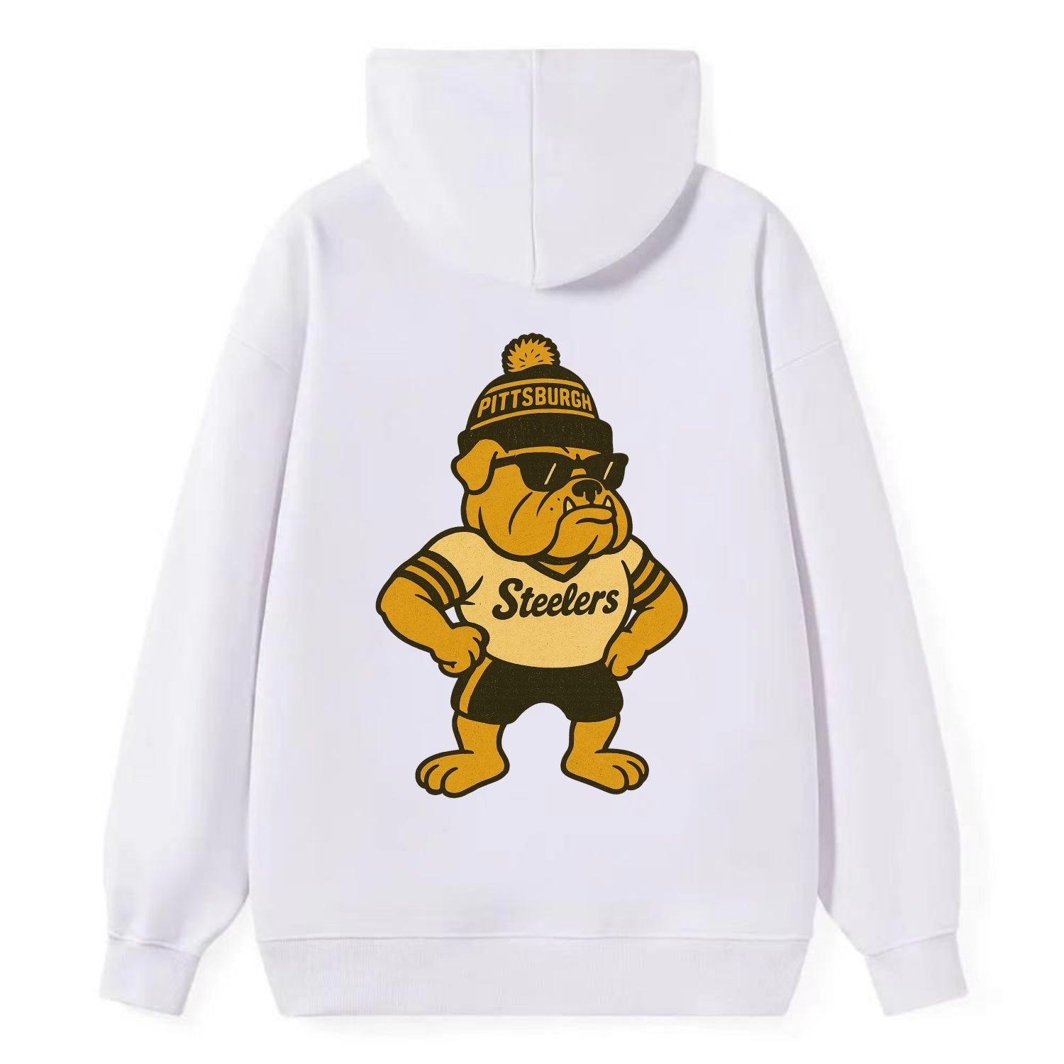 Pittsburgh Bulldog wearing Steelers black and gold beanie with pom pom - Classic Pullover Hoodie - White