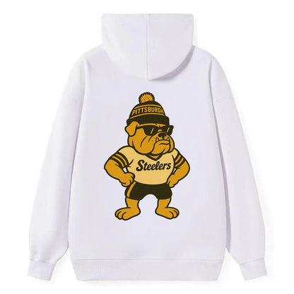 Pittsburgh Bulldog wearing Steelers black and gold beanie with pom pom - Classic Pullover Hoodie - White