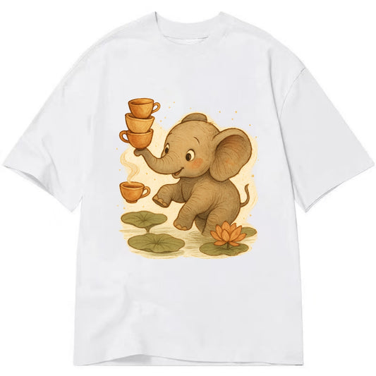 Elephant balancing teacups during a floating tea ceremony beside lotus ponds - Classic T-shirt - White
