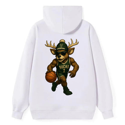 Milwaukee Buck Deer wearing Bucks green and cream beanie with antlers and - Classic Pullover Hoodie - White
