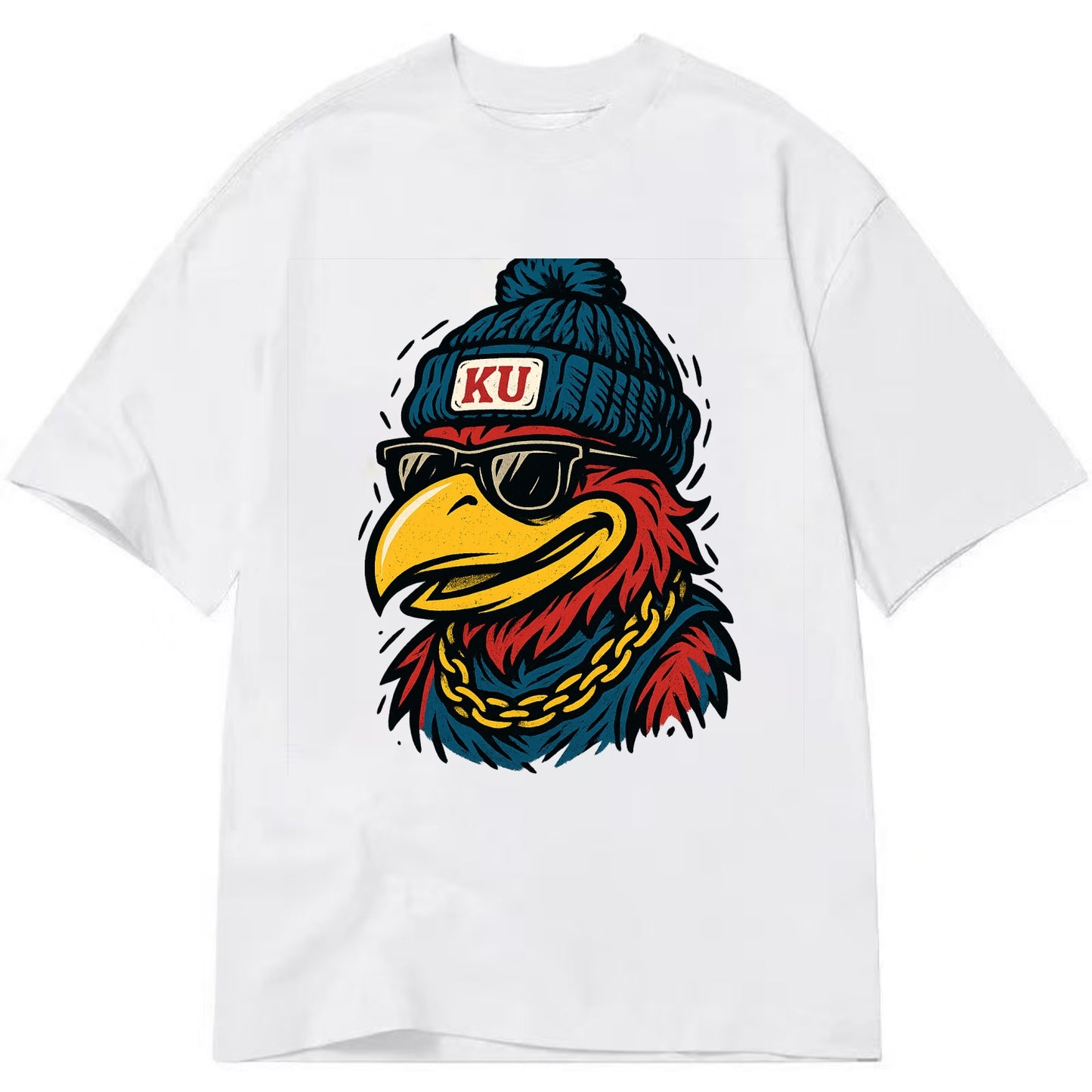 Lawrence Jayhawk wearing Kansas beanie with KU patch - Classic T-shirt - White