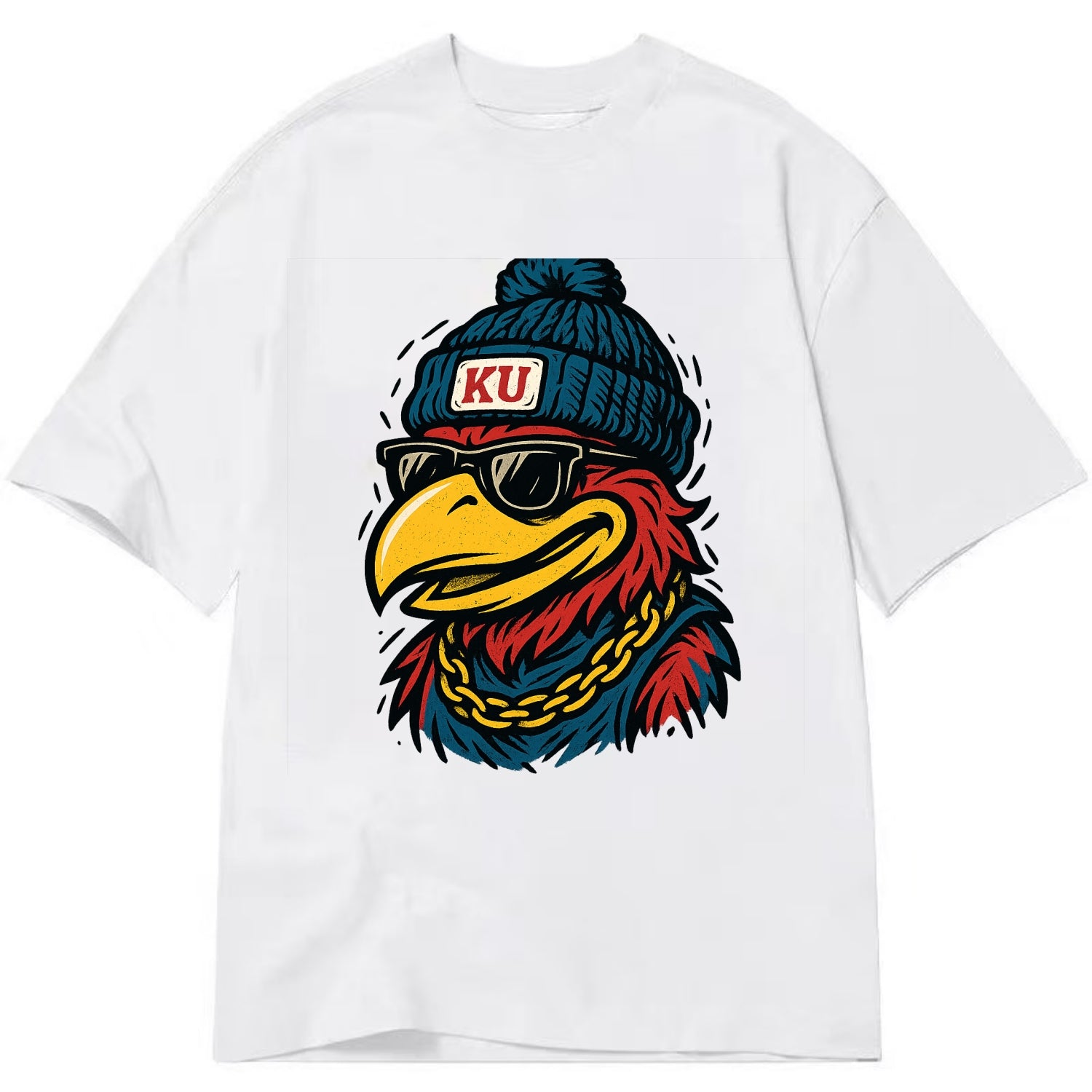 Lawrence Jayhawk wearing Kansas beanie with KU patch - Classic T-shirt - White