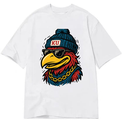 Lawrence Jayhawk wearing Kansas beanie with KU patch - Classic T-shirt - White