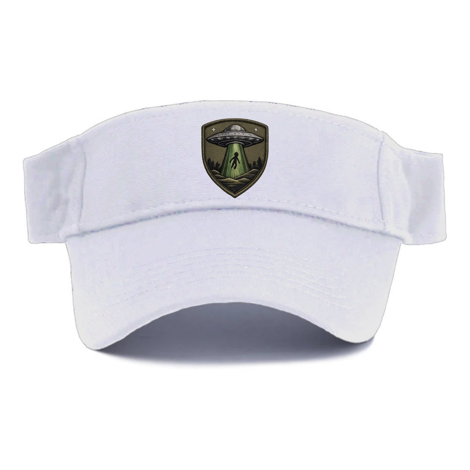 UFO ALIEN - flying saucer with beam in silver and green , extraterrestrial - Visor - White