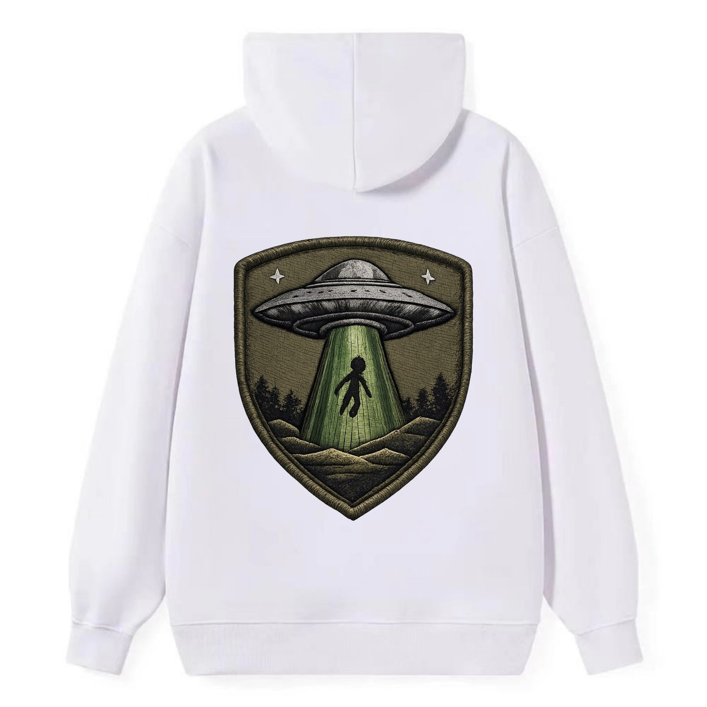 UFO ALIEN - flying saucer with beam in silver and green , extraterrestrial - Classic Pullover Hoodie - White