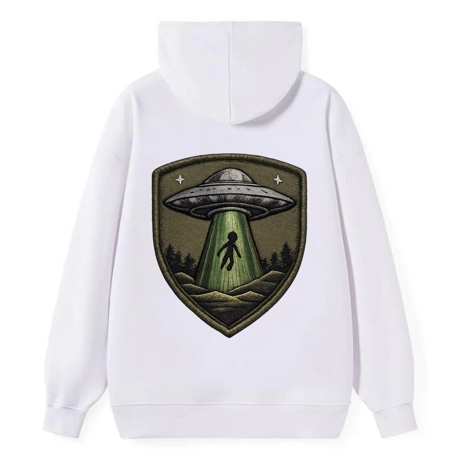 UFO ALIEN - flying saucer with beam in silver and green , extraterrestrial - Classic Pullover Hoodie - White