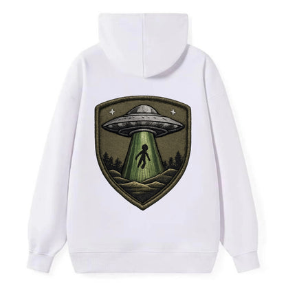 UFO ALIEN - flying saucer with beam in silver and green , extraterrestrial - Classic Pullover Hoodie - White