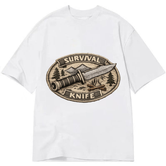 SURVIVAL KNIFE - fixed blade with compass in silver and black , bushcraft - Classic T-shirt - White