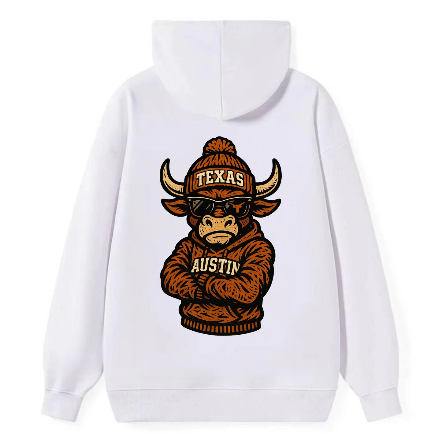 Austin Bevo wearing Texas beanie with longhorn patch - Classic Pullover Hoodie - White