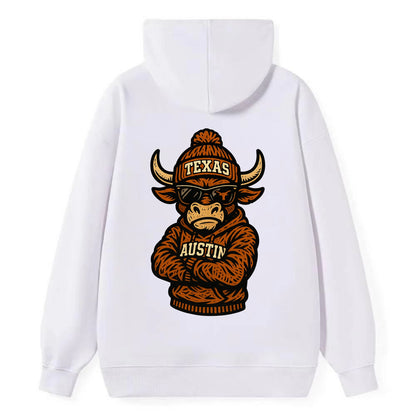 Austin Bevo wearing Texas beanie with longhorn patch - Classic Pullover Hoodie - White