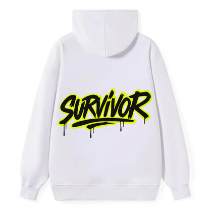 Bold typography design - "SURVIVOR" - overcomer, still standing, made it - Classic Pullover Hoodie - White