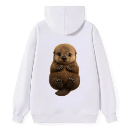 Baby Sea Otter - brown fluffy, floating on back, tiny paws, bright eyes, - Classic Pullover Hoodie - White