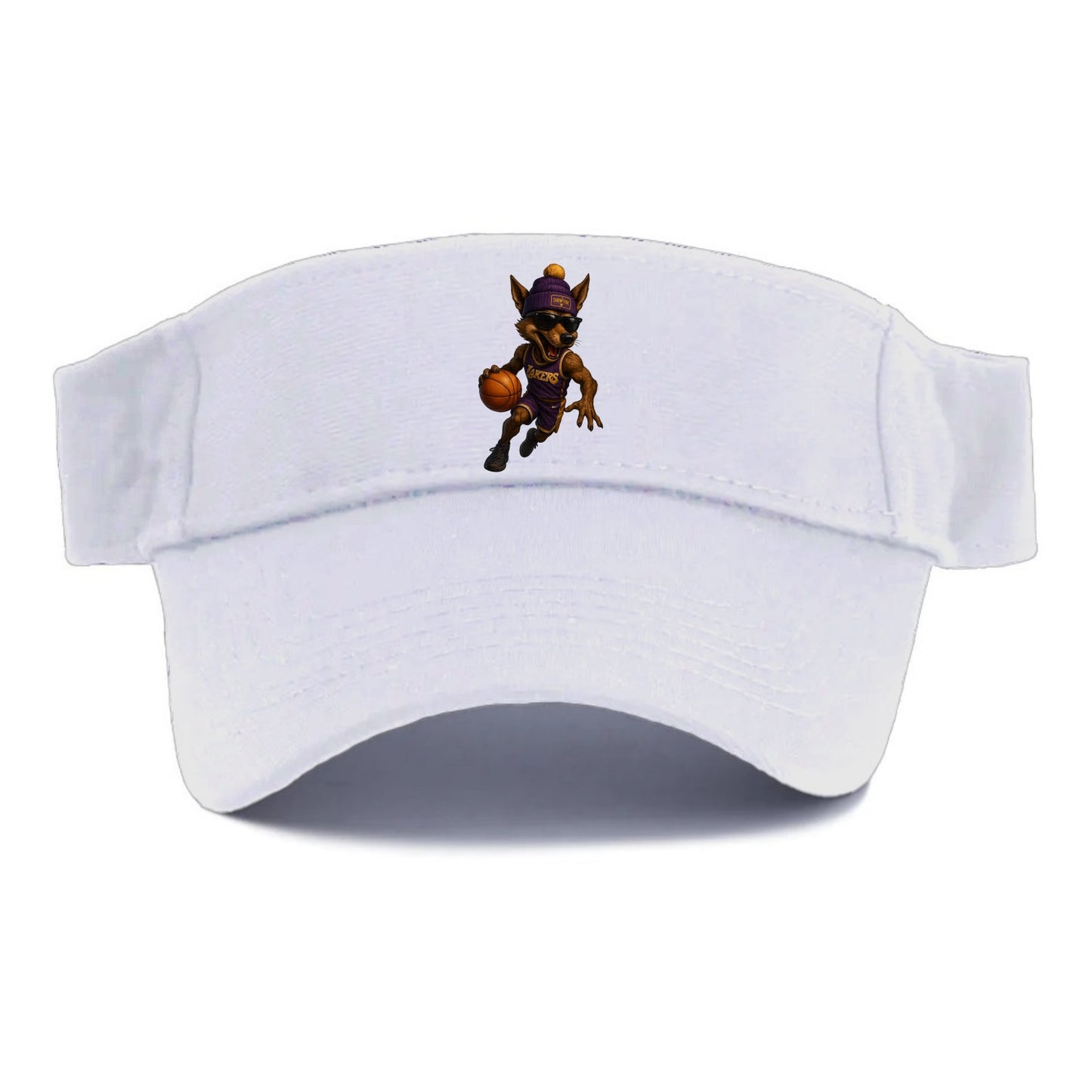 Hollywood Coyote wearing Lakers beanie with Showtime patch and wayfarer sunglasses - Visor - White