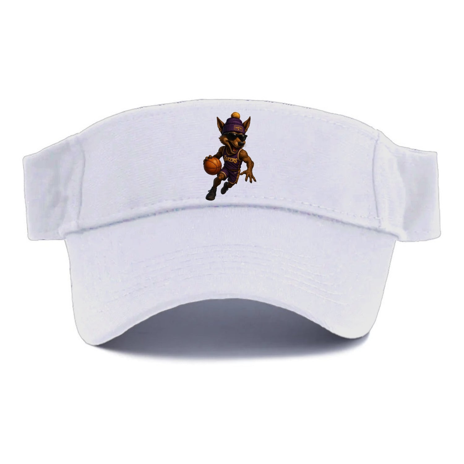 Hollywood Coyote wearing Lakers beanie with Showtime patch and wayfarer sunglasses - Visor - White