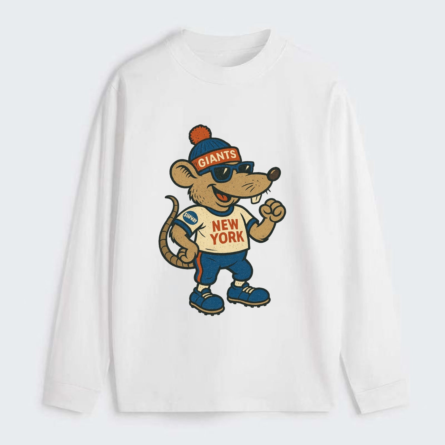 New York Rat wearing Giants beanie with subway patch and wayfarer - Classic Long Sleeve Shirt - White