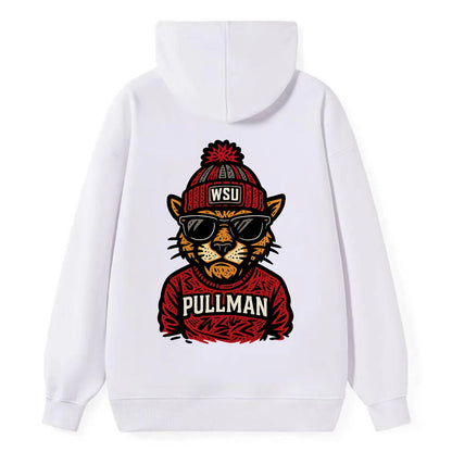 Pullman Cougar wearing Washington State beanie with WSU patch - Classic Pullover Hoodie - White
