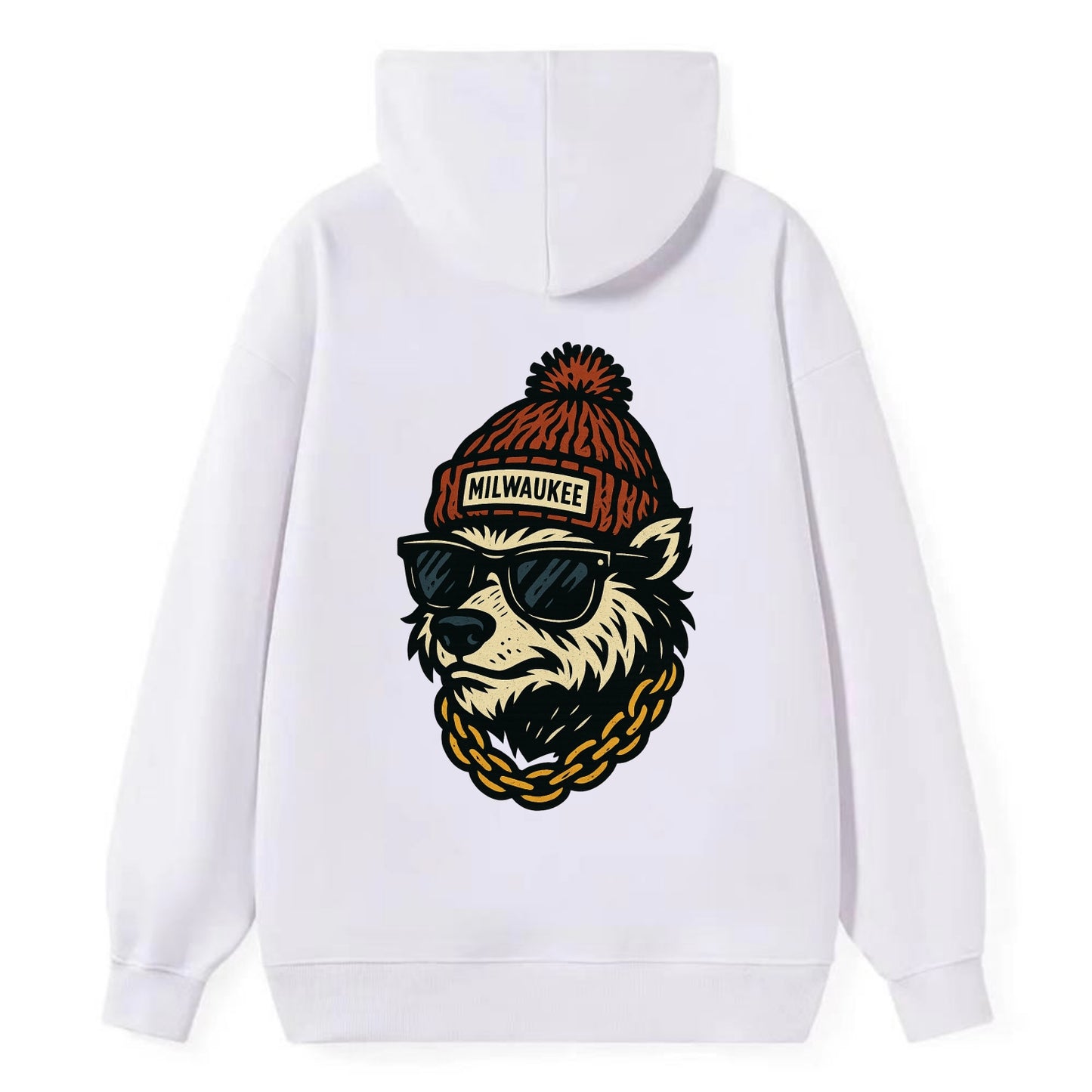 Milwaukee Badger wearing Milwaukee beanie with pom pom and wayfarer - Classic Pullover Hoodie - White