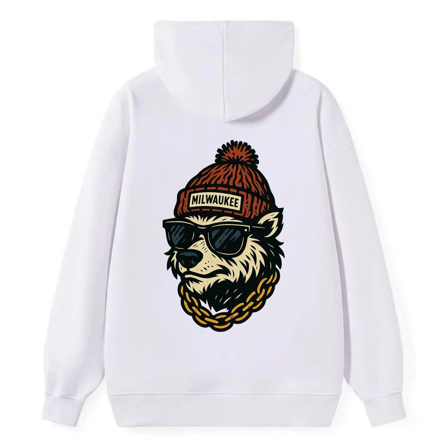 Milwaukee Badger wearing Milwaukee beanie with pom pom and wayfarer - Classic Pullover Hoodie - White