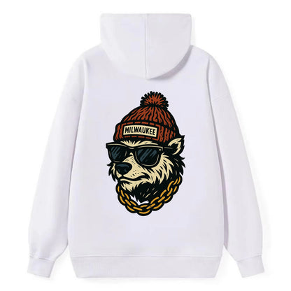Milwaukee Badger wearing Milwaukee beanie with pom pom and wayfarer - Classic Pullover Hoodie - White