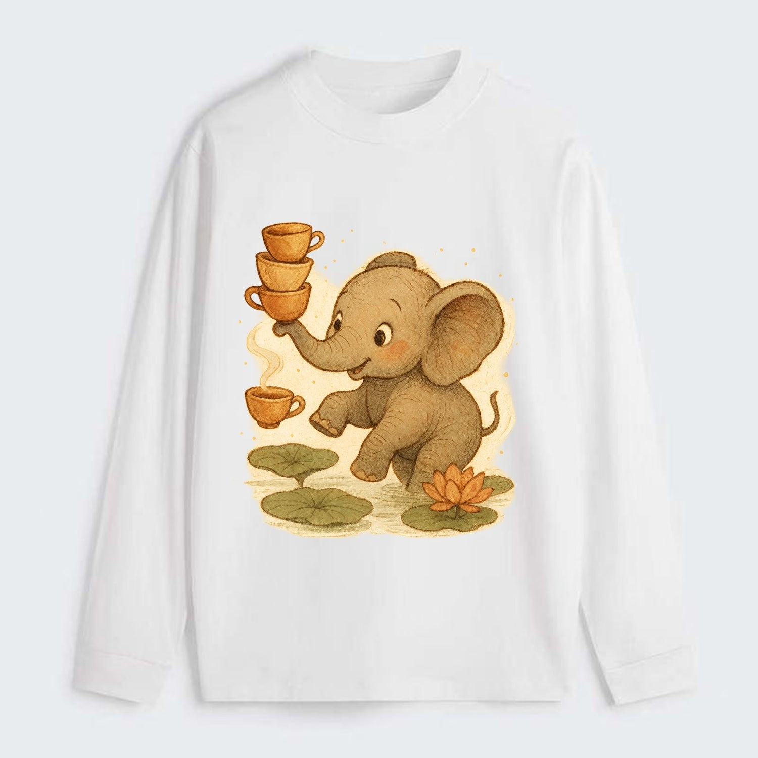 Elephant balancing teacups during a floating tea ceremony beside lotus - Classic Long Sleeve Shirt - White