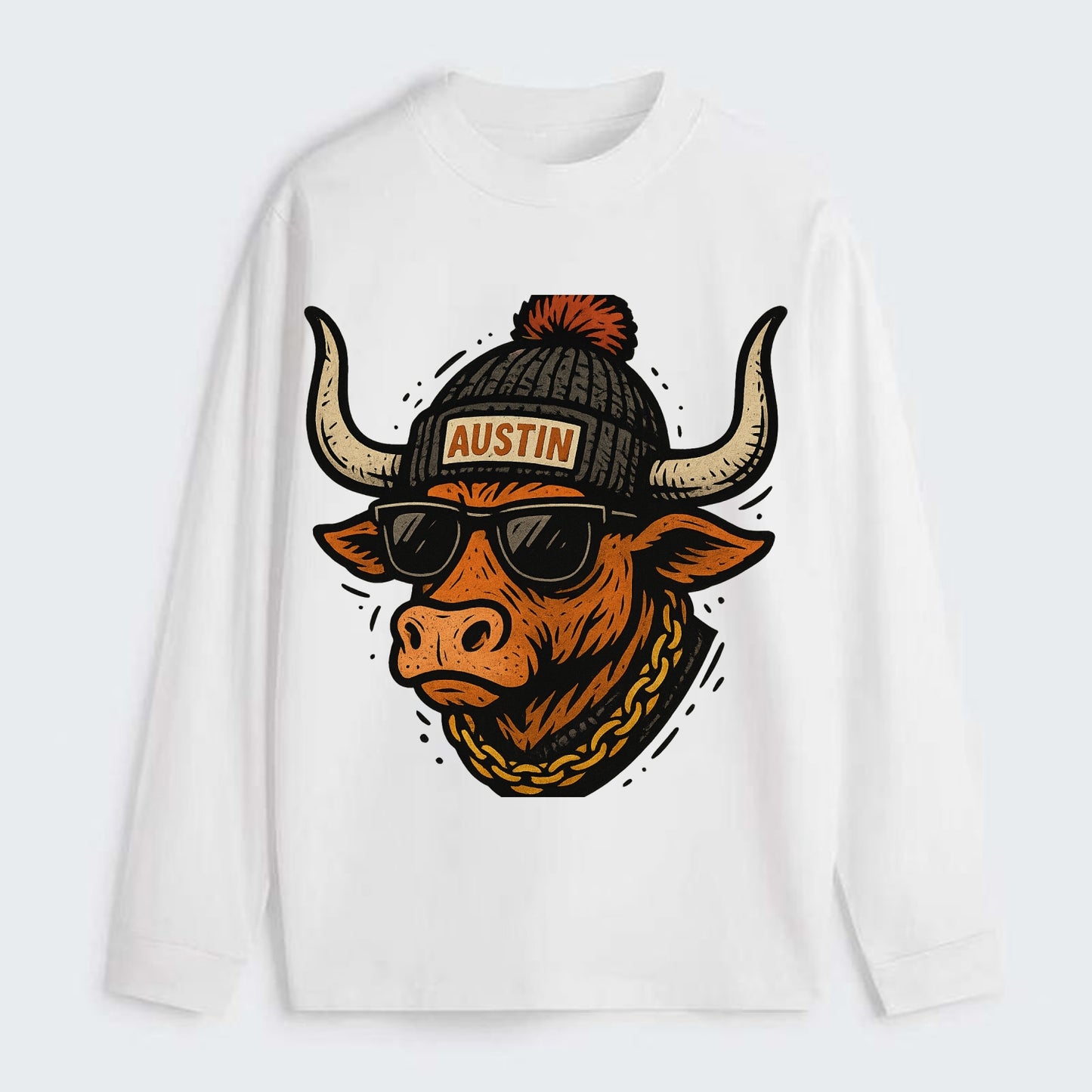 Texas Longhorn wearing Austin beanie with pom pom and wayfarer - Classic Long Sleeve Shirt - White