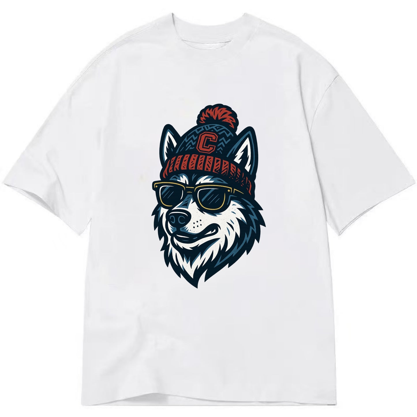 Storrs Husky wearing UConn beanie with C patch - Classic T-shirt - White