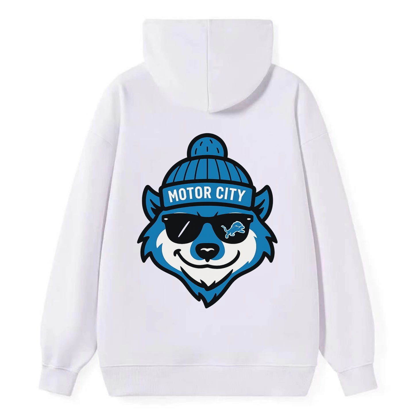 Motor City Wolverine wearing Lions beanie with gear patch and wayfarer - Classic Pullover Hoodie - White
