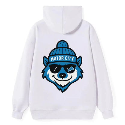 Motor City Wolverine wearing Lions beanie with gear patch and wayfarer - Classic Pullover Hoodie - White