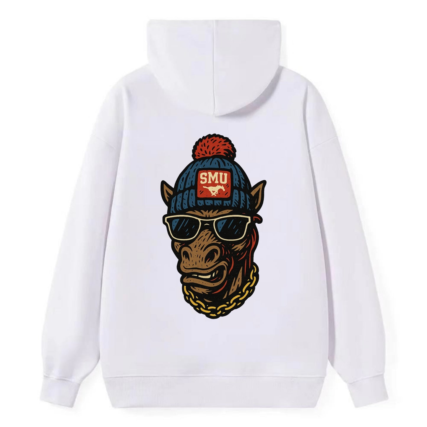 Dallas Mustang wearing SMU beanie with pony patch - Classic Pullover Hoodie - White