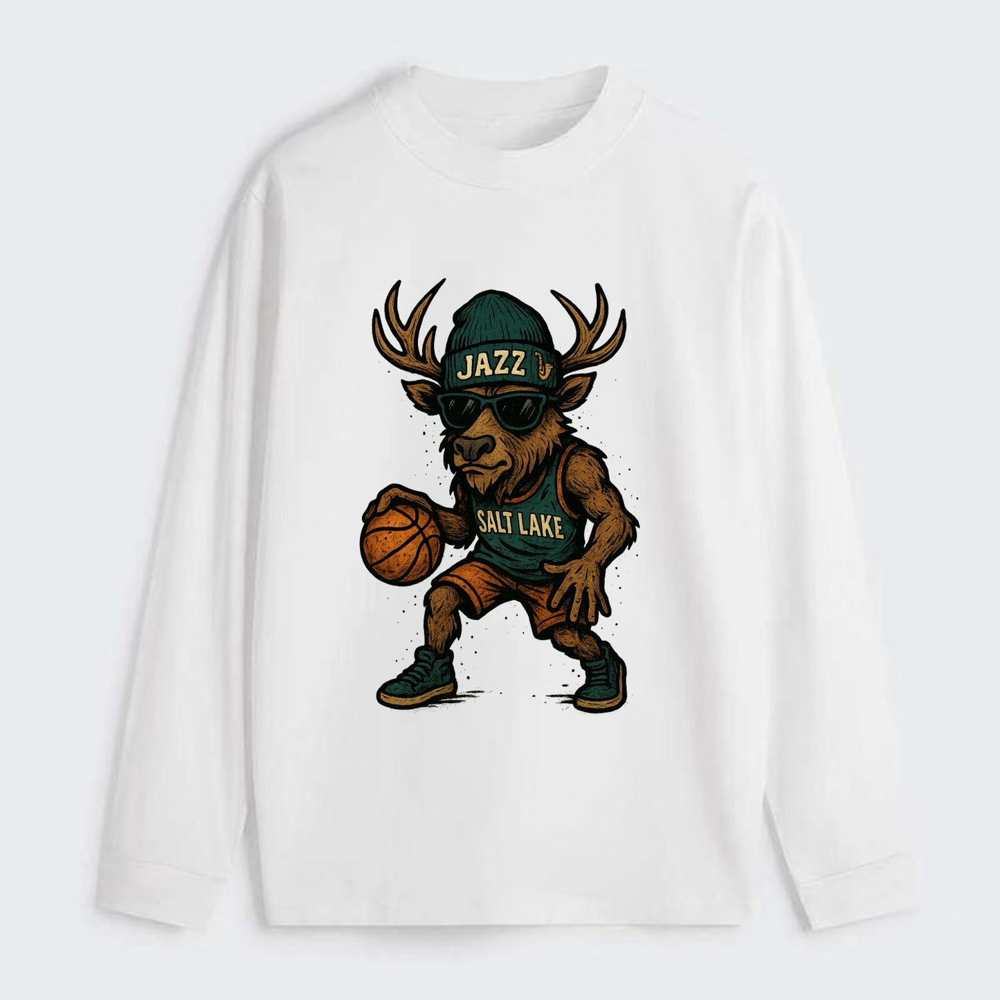 Salt Lake Elk wearing Jazz beanie with saxophone patch and wayfarer - Classic Long Sleeve Shirt - White