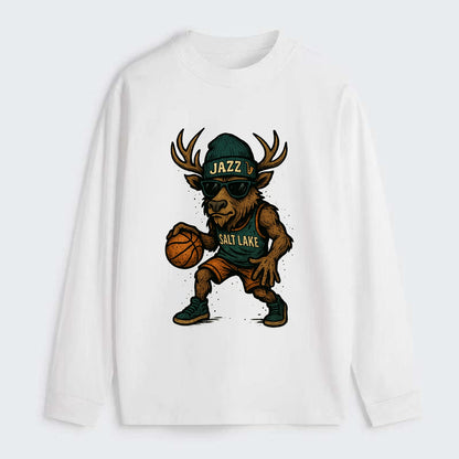 Salt Lake Elk wearing Jazz beanie with saxophone patch and wayfarer - Classic Long Sleeve Shirt - White