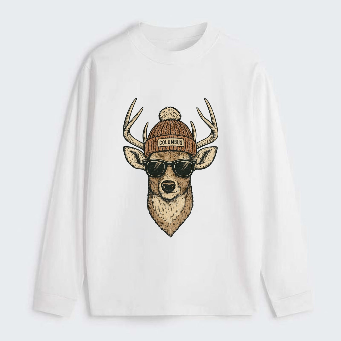 Ohio White-tailed Deer wearing Columbus beanie with pom pom and - Classic Long Sleeve Shirt - White