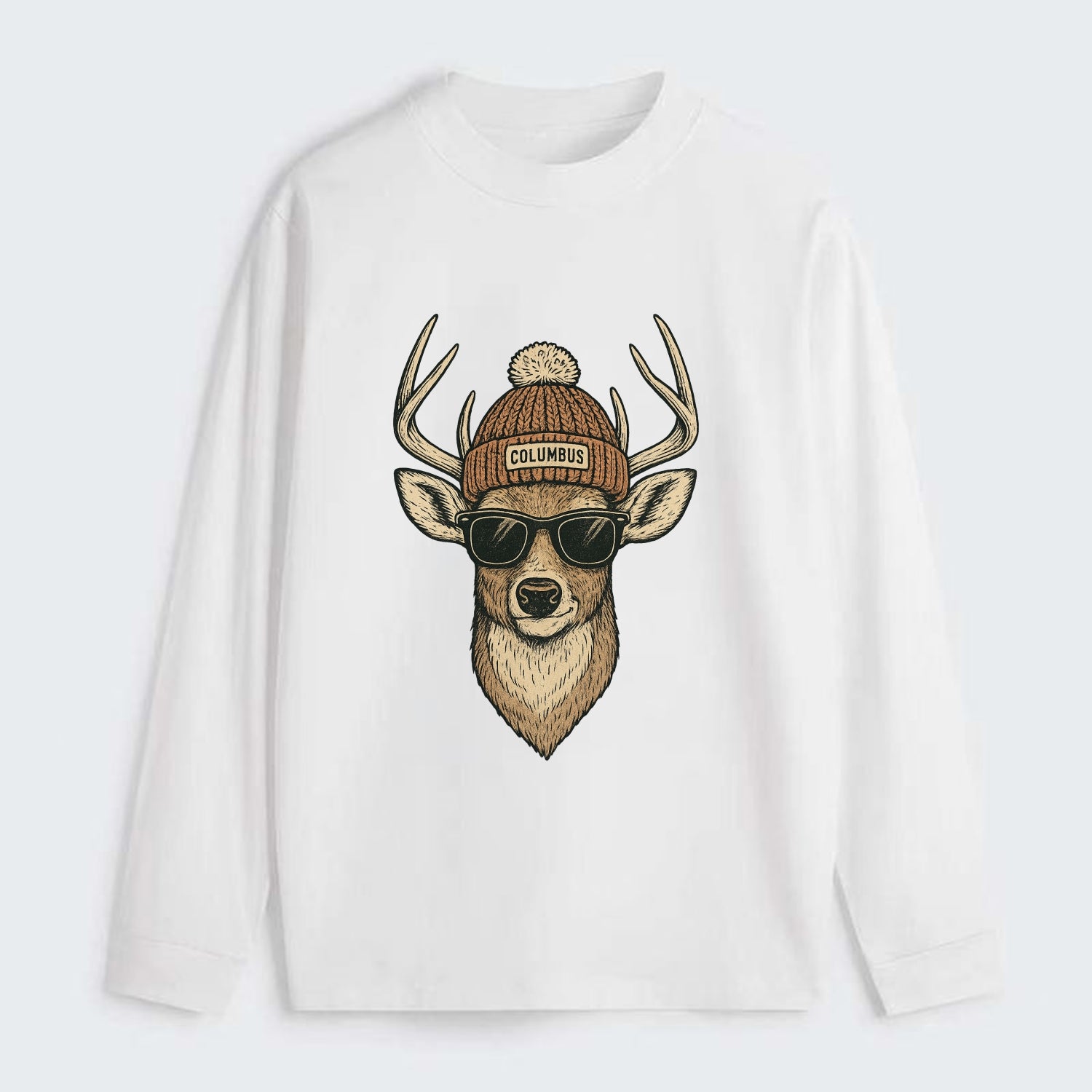 Ohio White-tailed Deer wearing Columbus beanie with pom pom and - Classic Long Sleeve Shirt - White