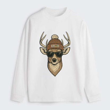 Ohio White-tailed Deer wearing Columbus beanie with pom pom and - Classic Long Sleeve Shirt - White