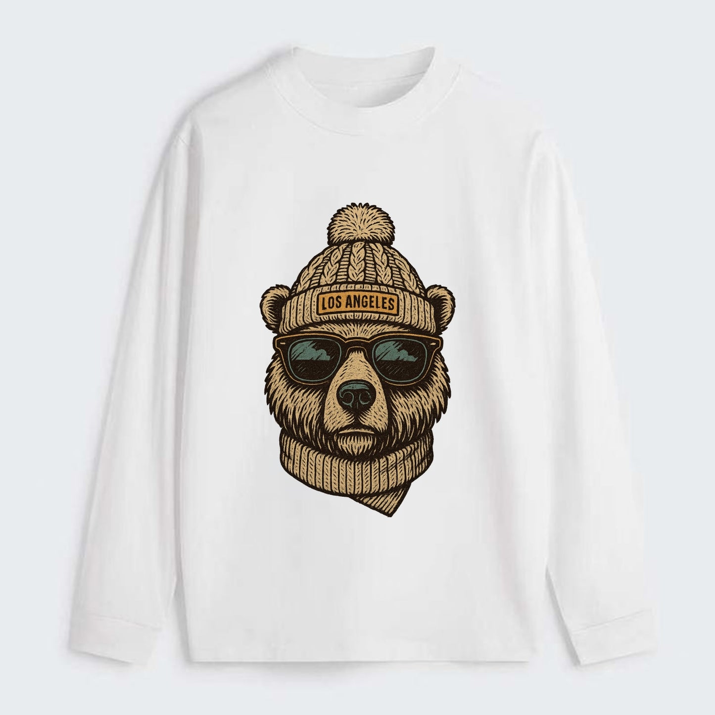 California Grizzly Bear wearing Los Angeles beanie with pom pom and - Classic Long Sleeve Shirt - White