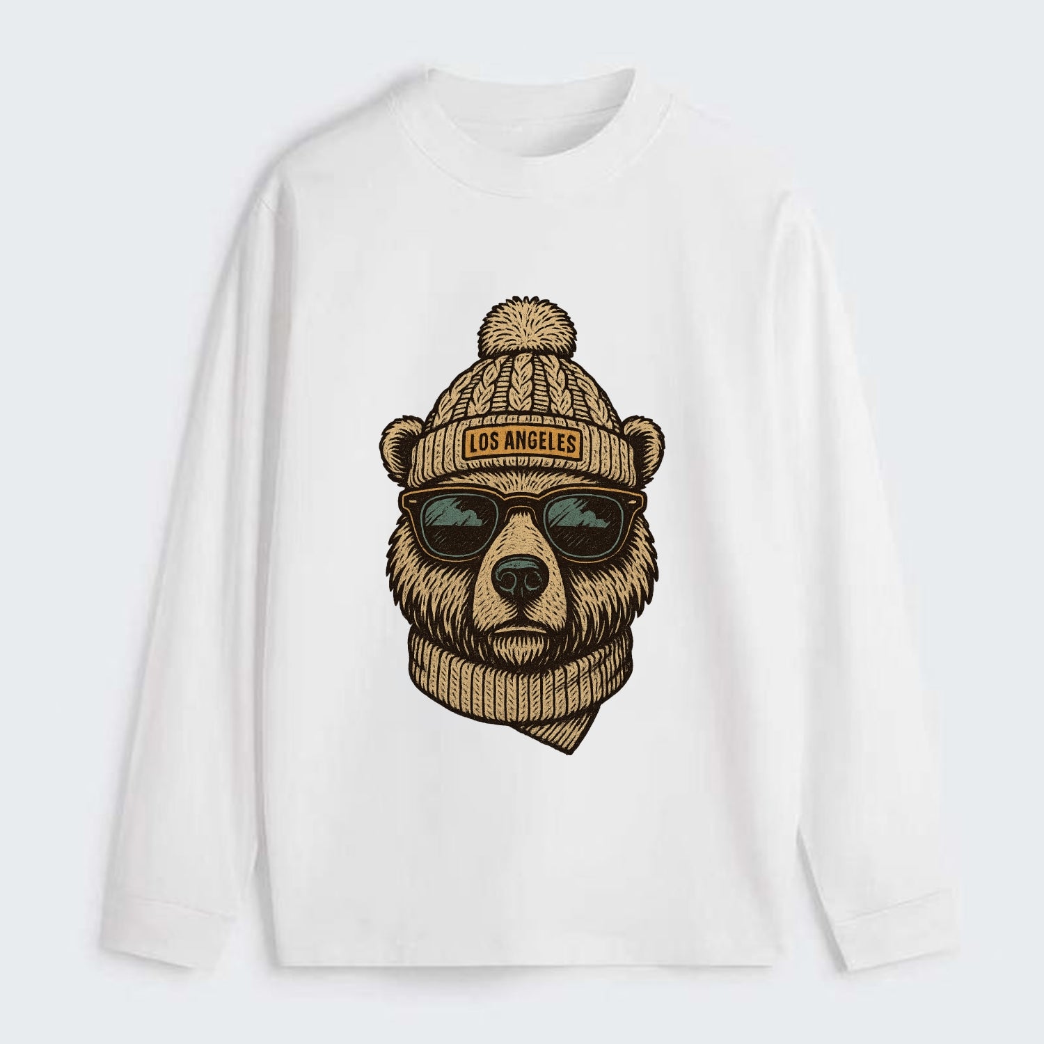 California Grizzly Bear wearing Los Angeles beanie with pom pom and - Classic Long Sleeve Shirt - White