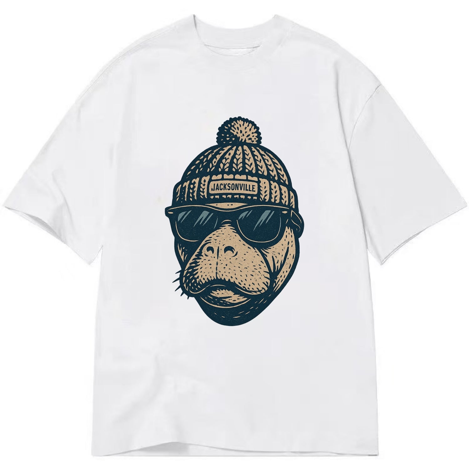 Jacksonville Manatee wearing Jacksonville beanie with pom pom and wayfarer - Classic T-shirt - White