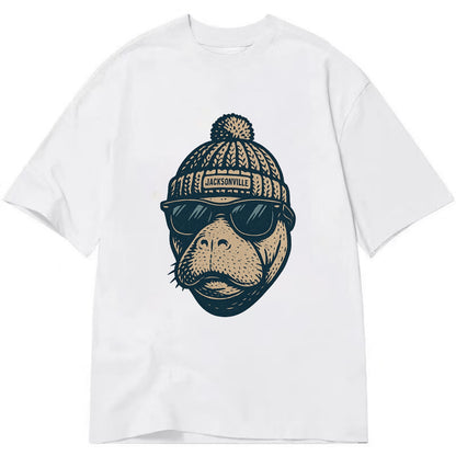 Jacksonville Manatee wearing Jacksonville beanie with pom pom and wayfarer - Classic T-shirt - White